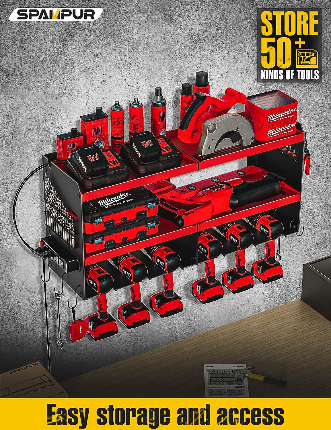 Spampur Power Tool Organizer with Charging Station, 6 Drill Holders Wall Mount, Heavy Duty Metal Premium Garage Tool Shelf, Gift for Man Cordless Spampur