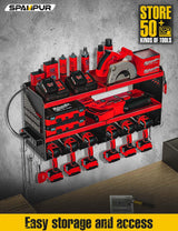 Spampur Power Tool Organizer with Charging Station, 6 Drill Holders Wall Mount, Heavy Duty Metal Premium Garage Tool Shelf, Gift for Man Cordless Spampur
