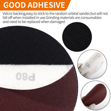 Pomsare 5 Inch Hook and Loop Backing Pad with 50PCS Sanding Discs, Angle Grinder Attachments with 5/8-11 Threads, Sanding Pad for Wood Sanding Pomsare