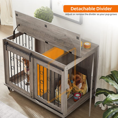 IchbinGo Dog Crate Furniture with Sliding Barn Door, 39" Wooden Dog Kennel End Table with Wheels and Flip-top Plate Dog House with Detachable Divider - WoodArtSupply