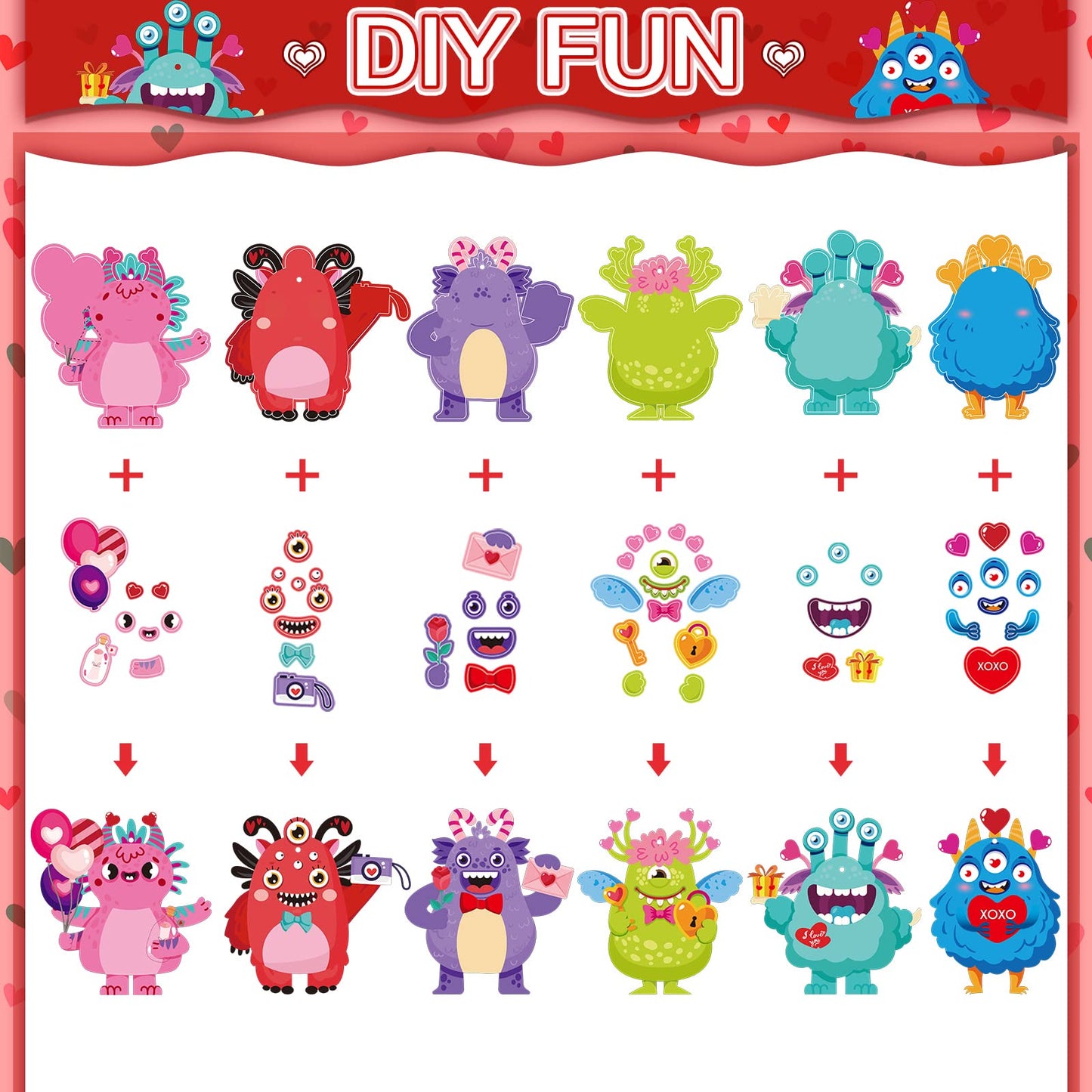 36 Packs Valentine's Day Monster Craft Ornaments Kit for Kids DIY Monster Paper Craft Make Your Own Ornament for Kids Hanging Kids Valentines Day