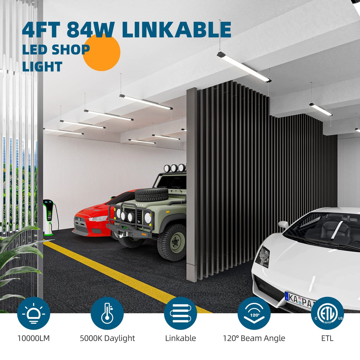 Barrina LED Shop Light for Garage, 10000LM, 84W, 4FT, 5000K Linkable Light Fixture for Workshop, Basement, Hanging or FlushMount, Heat Dissipation,
