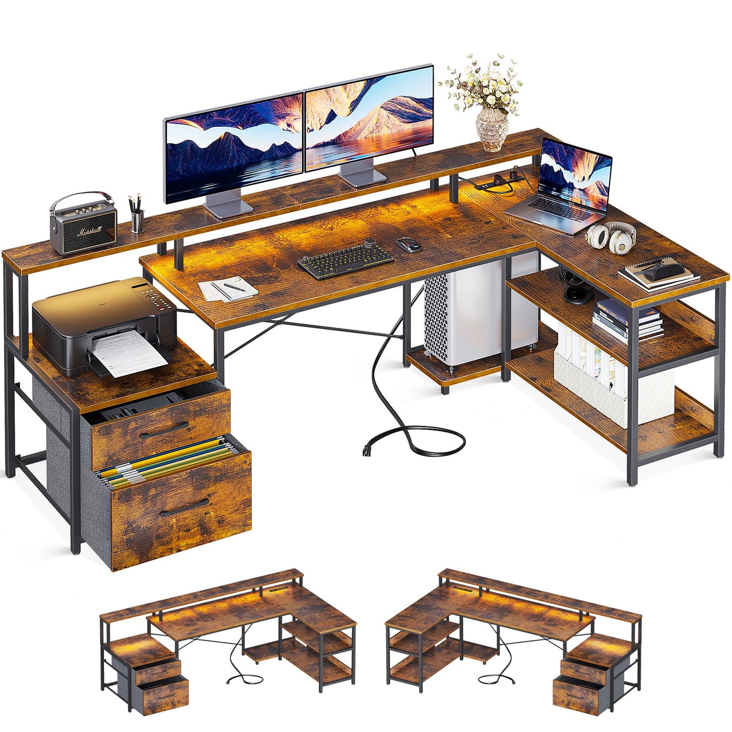 ODK L Shaped Desk with File Drawer, 75" Reversible L Shaped Computer Desk with Power Outlet & LED Strip, Office Desk with Storage Shelves, Gaming