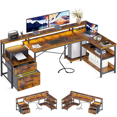 ODK 75" Reversible L Shaped Desk with File Drawer, Power Outlet & LED Strip ODK