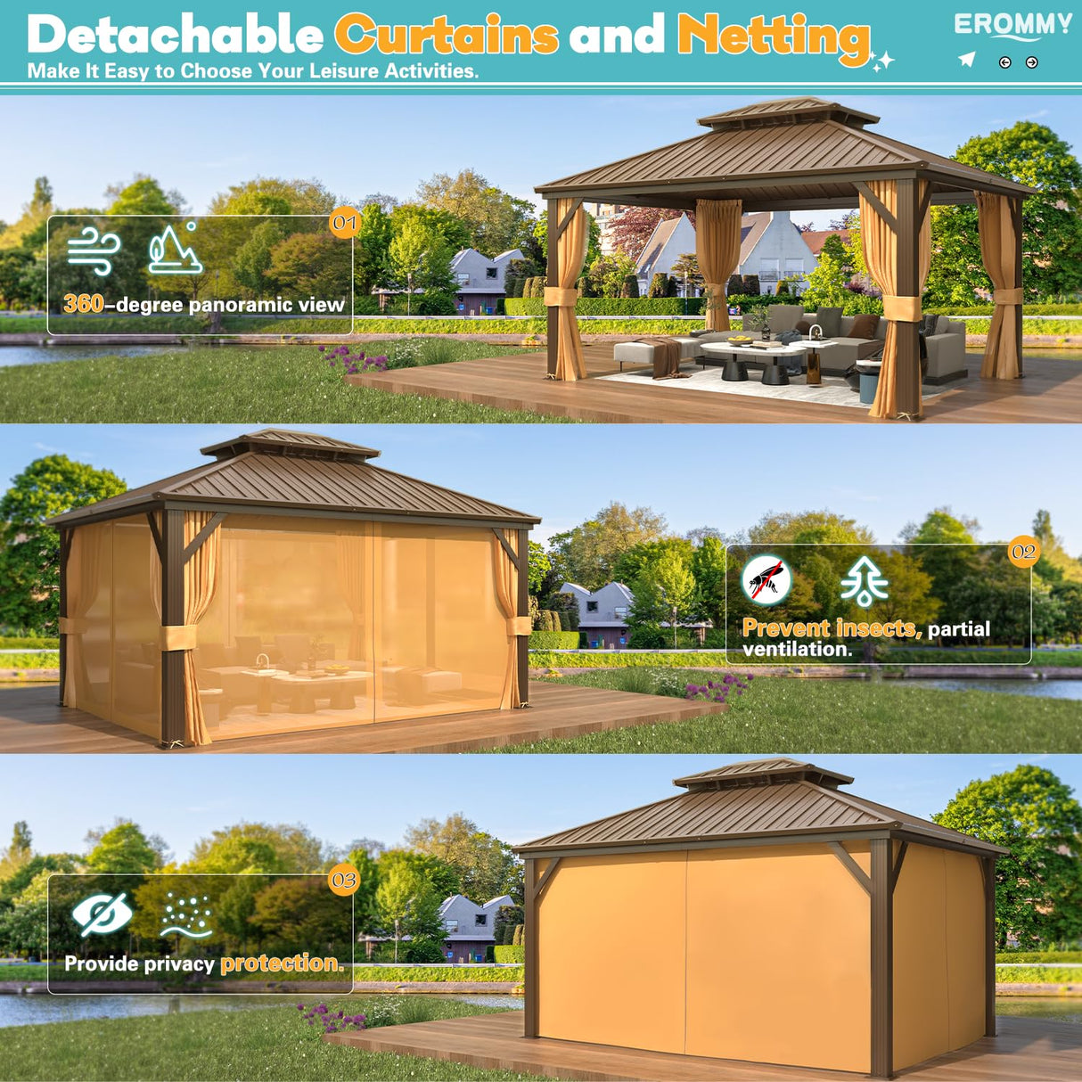 EROMMY 12'x 14' Hardtop Gazebo, Galvanized Steel Double Roof Metal Gazebo with Aluminum Frame, Permanent Outdoor Pavilion with Curtain and Netting EROMMY