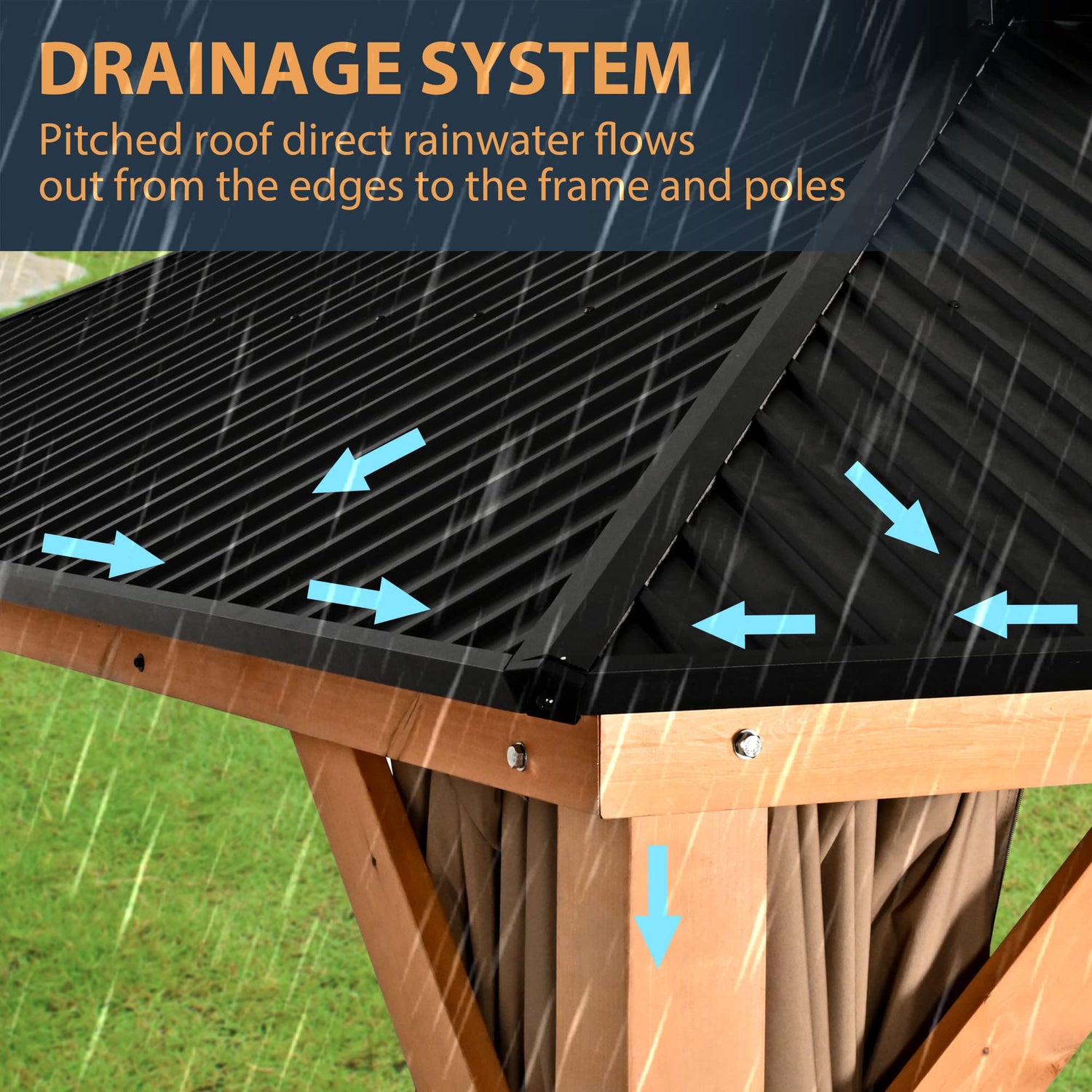 HAPPATIO 11' × 13' Wood Gazebo, Outdoor Hardtop Gazebo with Mosquito Netting and Curtains, Double Metal Roof Patio Gazebo Hard Top Gazebo for Garden, HAPPATIO