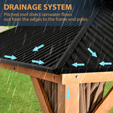 HAPPATIO 11' × 13' Wood Gazebo, Outdoor Hardtop Gazebo with Mosquito Netting and Curtains, Double Metal Roof Patio Gazebo Hard Top Gazebo for Garden, HAPPATIO