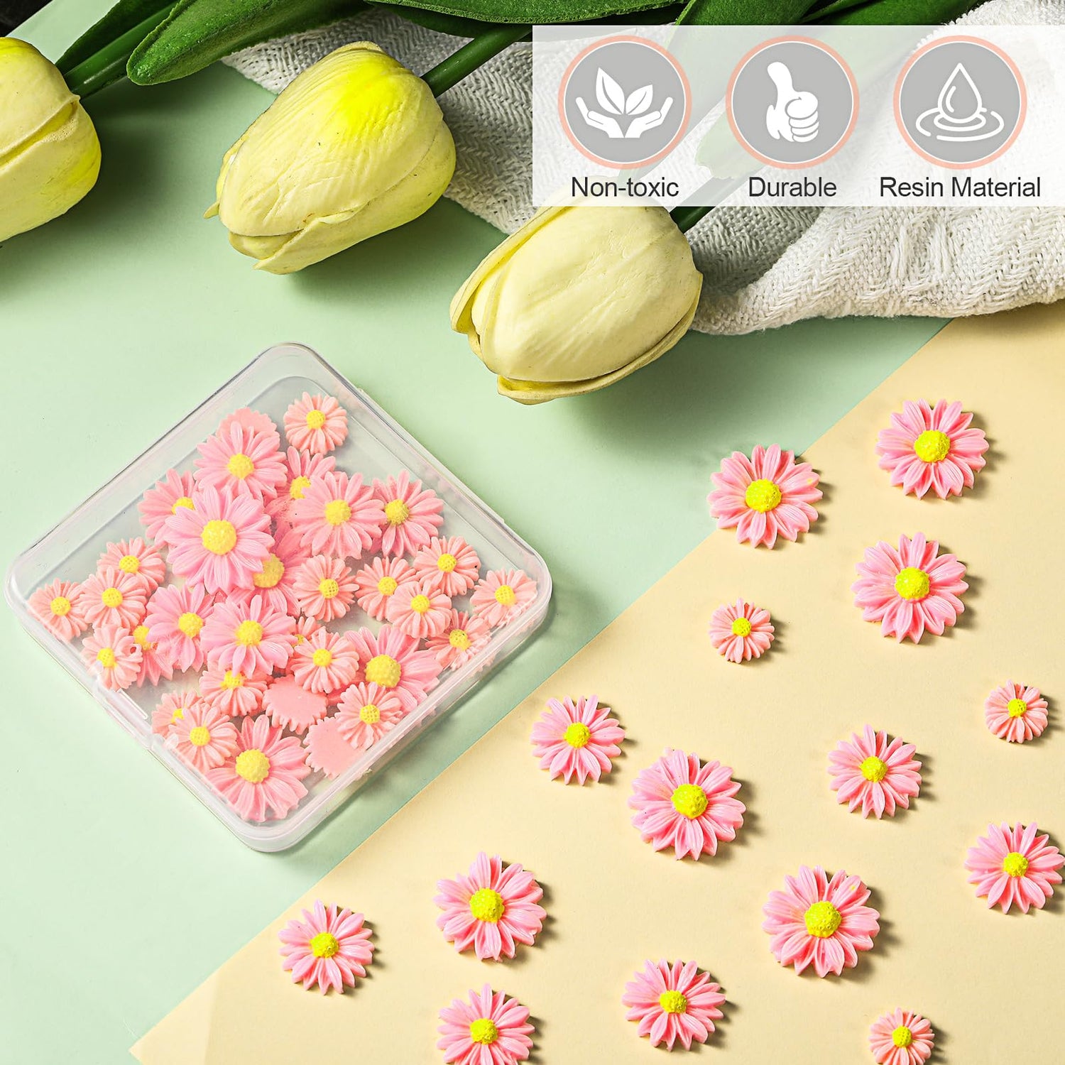 50 Pieces Flatback Resin Daisy Flowers Daisy Flower Epoxy Charms Mini Decorated Daisies Artificial with Storage Box for DIY Craft Cloth Pen Box Home Hicarer