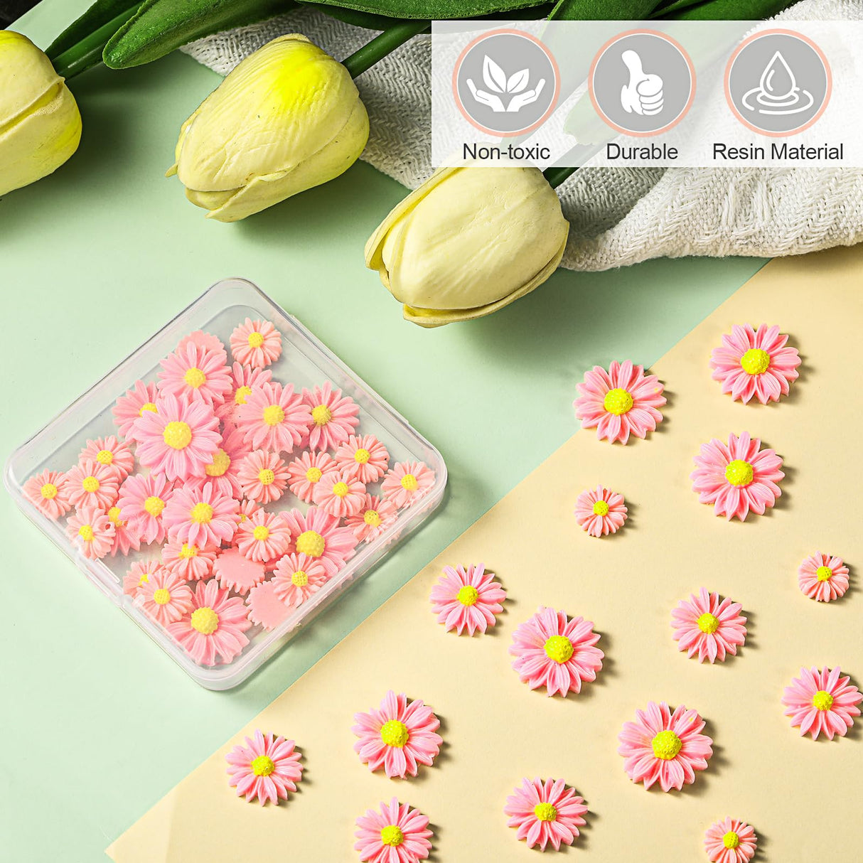 50 Pieces Flatback Resin Daisy Flowers Daisy Flower Epoxy Charms Mini Decorated Daisies Artificial with Storage Box for DIY Craft Cloth Pen Box Home Hicarer