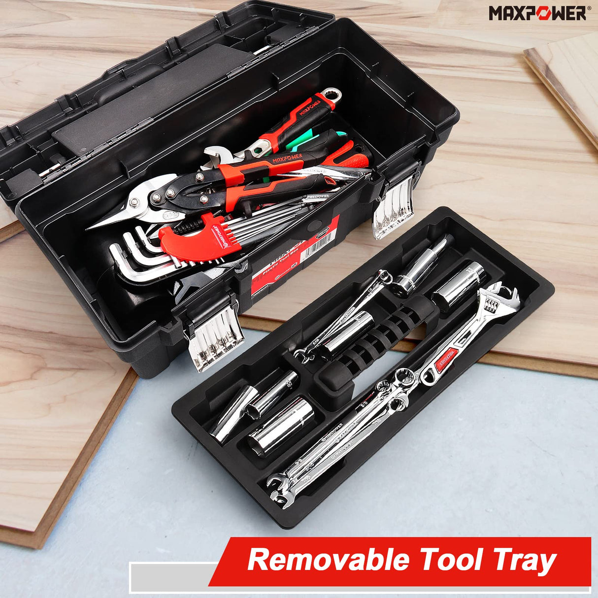 MAXPOWER 16 inch Tool Box with Removable Tray, Portable Toolbox with Stainless Steel Handle & Doule Metal Latch, Rated up to 33 Lbs MAXPOWER