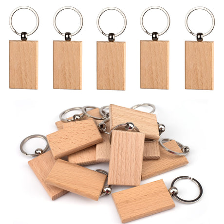 ASUNFO Pack of 20 Rectangle Wood Blanks Keychain Unfinished Wooden Blank Key Chain Chains for Engraving Crafts Ornament ASUNFO