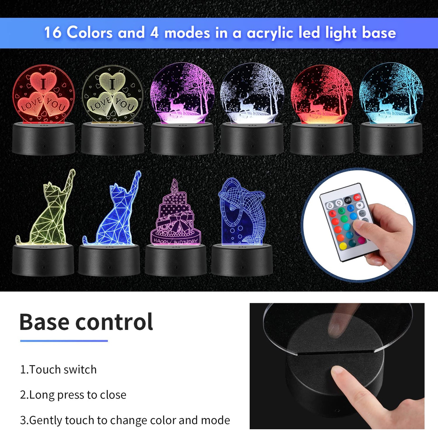 12 Pieces Clear Acrylic Sheets and 12 Pieces 3D Night LED Light Lamp Base with Remote Control and USB Cable, DIY Acrylic Lamp Base Set for Restaurant Riakrum