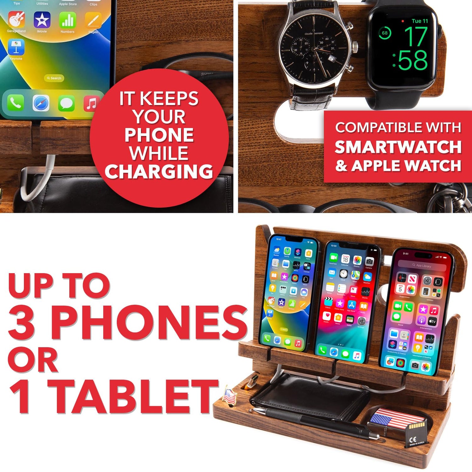 GRETAOTO Personalized Wood Docking Station for Cell Phone, Tablet, Wallet, Watch, Keys, Desk Nightstand Organizer, Valentines Day, Gifts for Men GRETAOTO