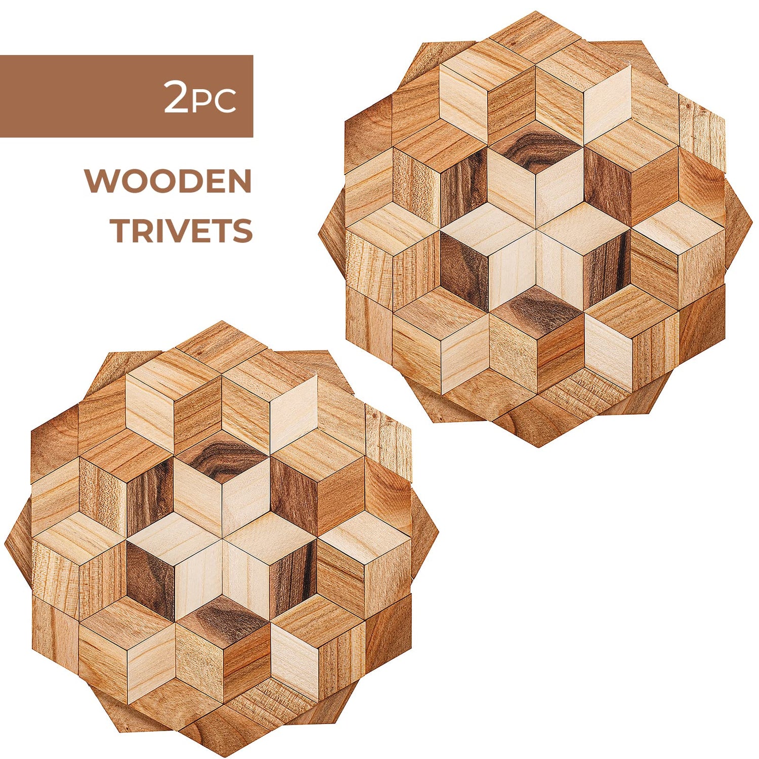 Wooden Trivets for Hot Dishes - 2 pcs Natural Handmade Wood Trivet Mat - Sturdy and Durable 7.5'' Kitchen Hot Pads - Wooden Trivet Frame for Hot Pots KIBS group