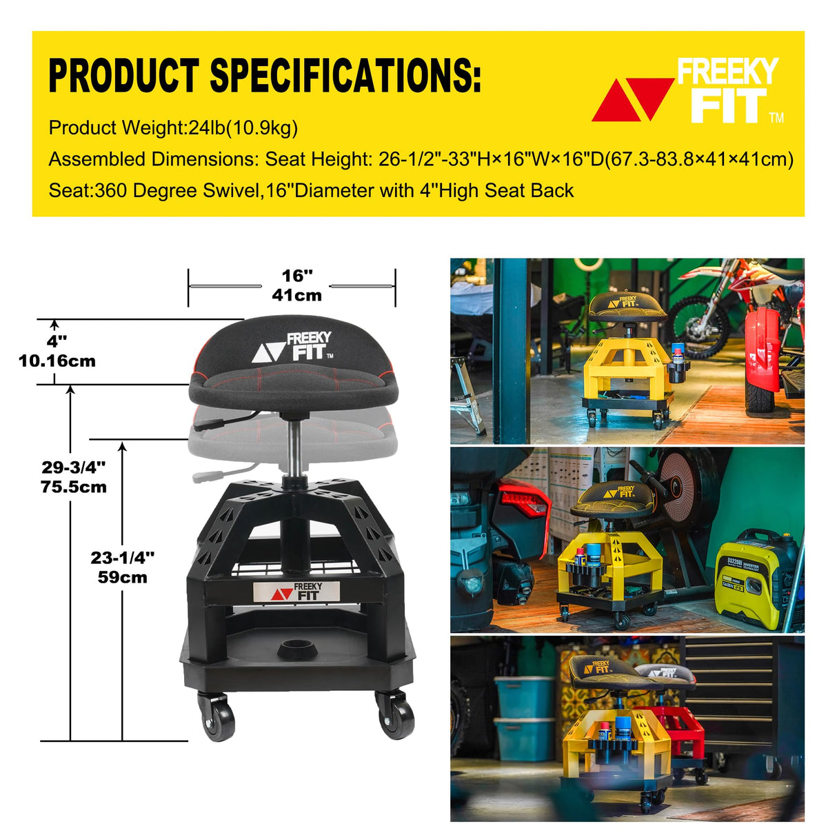 FreekyFit Rolling Shop Stool for Garage with Casters, DO02-Adjustable Height 360° Swivel Shop Seat with Tool Tray Storage, 330 LBS Capacity Padded FreekyFit