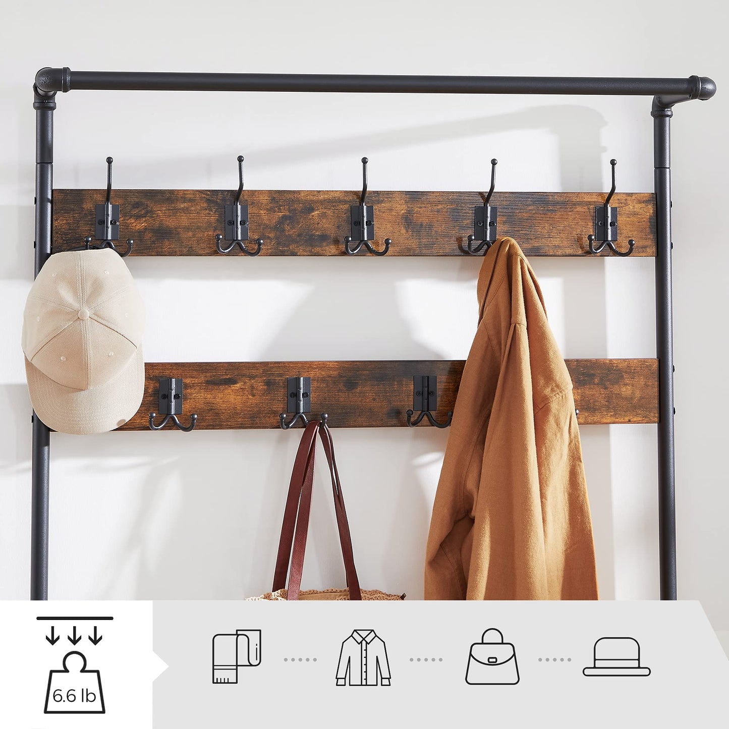 VASAGLE DAINTREE 3-in-1 Entryway Coat Rack and Storage Bench, Pipe Style Hall Tree with 9 Hooks, Multifunctional, Sturdy Steel Frame, Large Size,