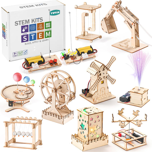 10 in 1 STEM Building Kits for Kids, Wood Craft Kit for Girls Age 8-12, Science Experiment Projects for 6-8, Woodworking Model Kit,3D Puzzles STEM