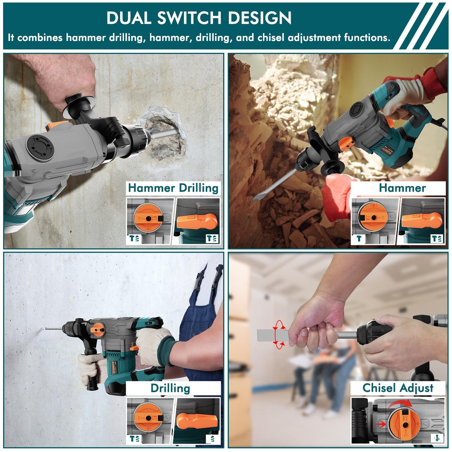 Glority 13 Amp Rotary Hammer Drill with Safety Clutch, Variable Speed, 5 Bits, Chisels