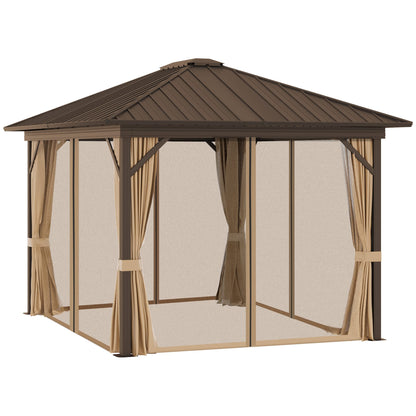 Outsunny 10' x 12' Hardtop Gazebo Canopy with Galvanized Steel Roof, Aluminum Frame, Permanent Pavilion with Top Hook, Netting and Curtains for