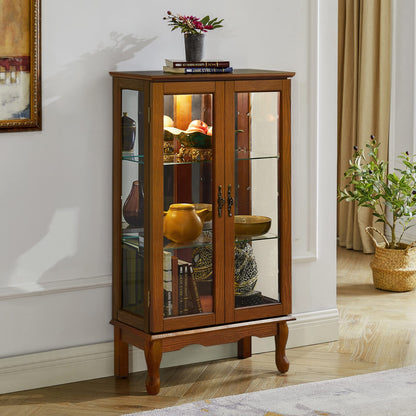 Brabrety Exquisite Wooden Curio Display Cabinet with Lighted and Tempered Glass Doors,Adjustable Shelves and Mirrored Back Panel,for Living Room