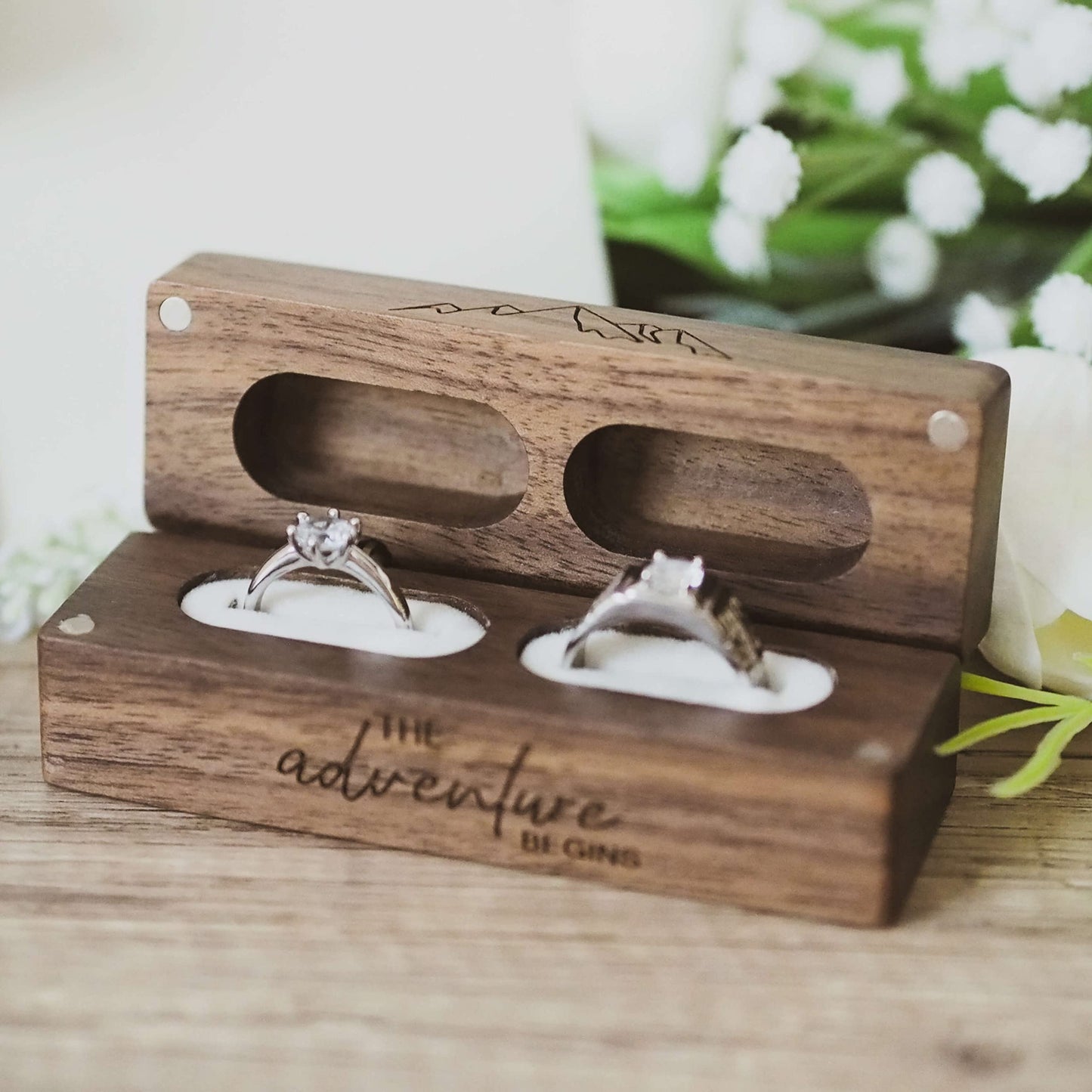 Muchly Engraved Flip Wooden 2 Ring box for wedding -Rustic Vintage Solid Wood rectangle Jewelry Storage Box - WoodArtSupply