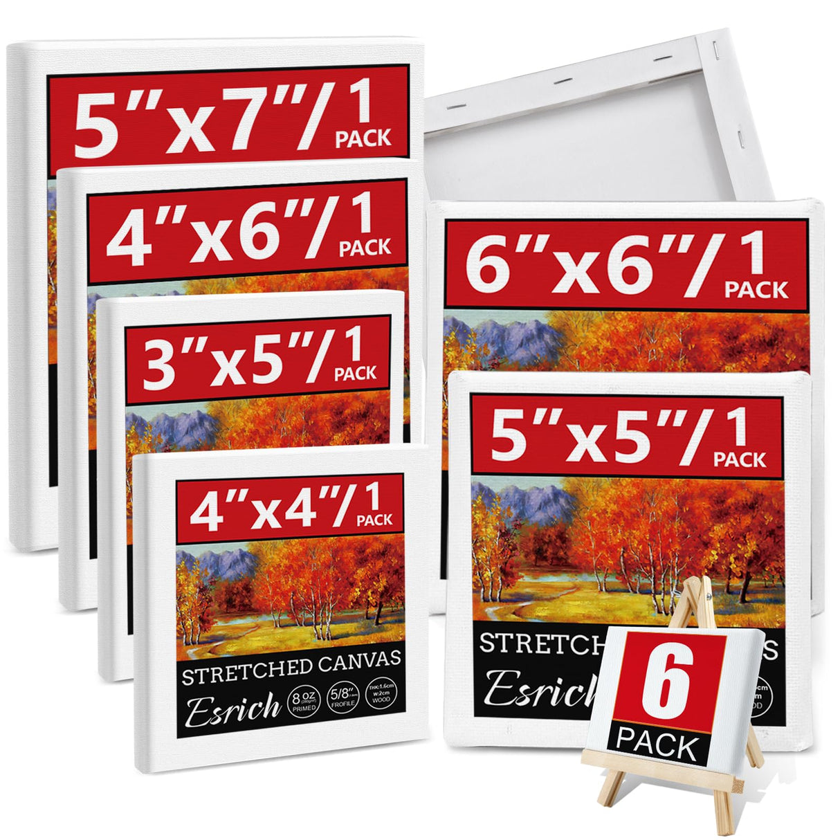 6Packs Mini Stretched Canvases for Painting with 3x5”, 4x4”, 4x6”, 5x5”, 5x7”, 6x6”, Painting Canvas for Oil & Acrylic Paint. ESRICH