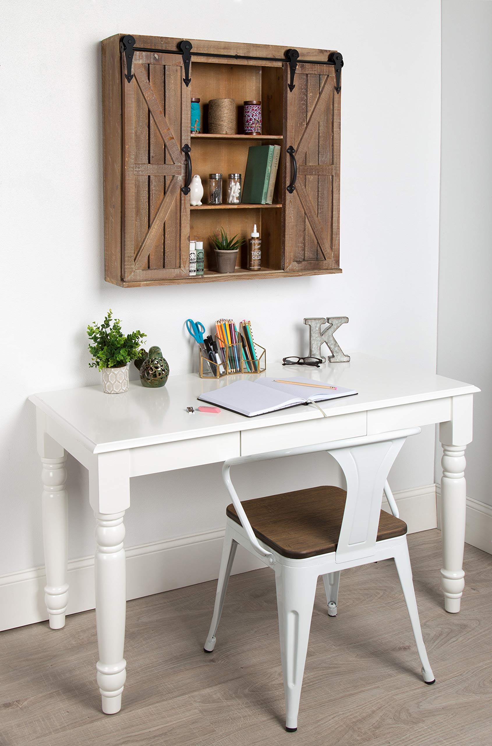 Kate and Laurel Cates Decorative Wood Wall Storage Cabinet with Two Sliding Barn Doors, Rustic Brown - WoodArtSupply