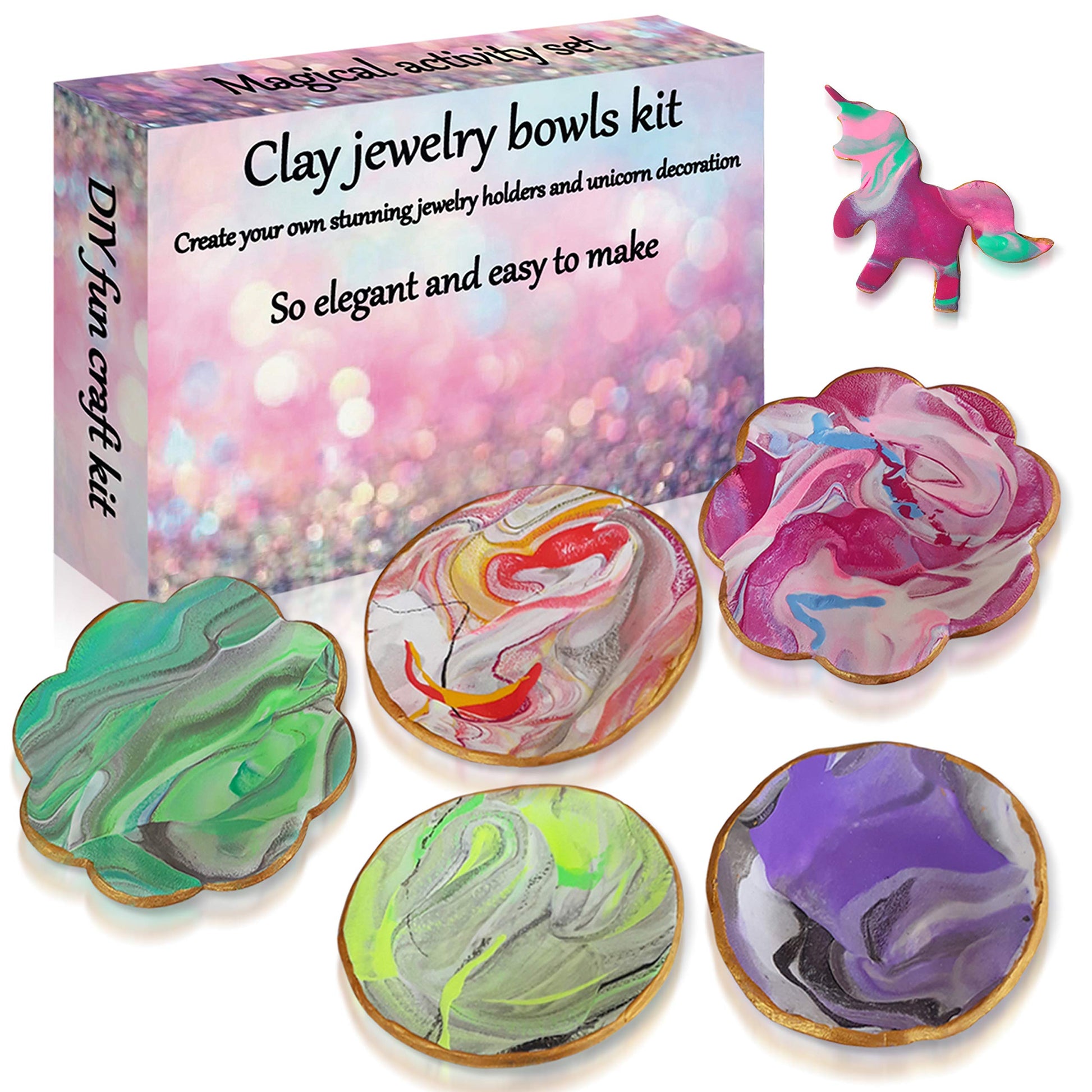 2Pepers DIY Clay Jewelry Dish Craft Kit, Make Your Own 5 Clay Bowls and Unicorn Decoration Arts and Crafts for Girls, Air Dry Clay for Kids, Unicorn - WoodArtSupply