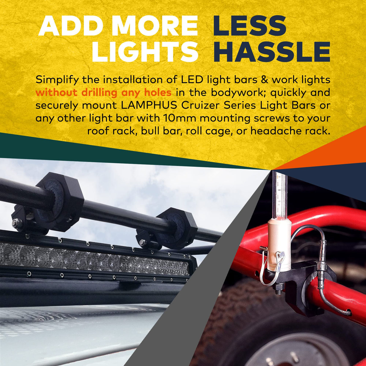 Off-Road Light Mounting Bracket Bar Clamp Kits [1"/1.5"/1.75"/2" Inch] [Horizontal Bar] [Aluminium] [2 Units] Bull Roll Cage Clamps Mount For ATV UTV LAMPHUS