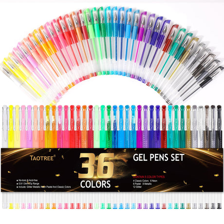 Taotree 36-Color Glitter Gel Pens for Adult Coloring - Neon Ink Drawing Set With 40% More Ink for Kids' Art Supplies, Doodling, Journaling and More Taotree