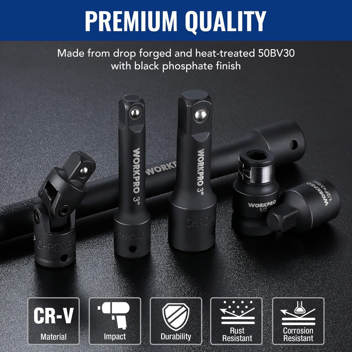 WORKPRO 18-Pieces Drive Tool Accessory Set, Includes Socket Adapters, Socket Extension Bar, Swivel Universal Joints and Impact Coupler, 1/4", 3/8" & WORKPRO