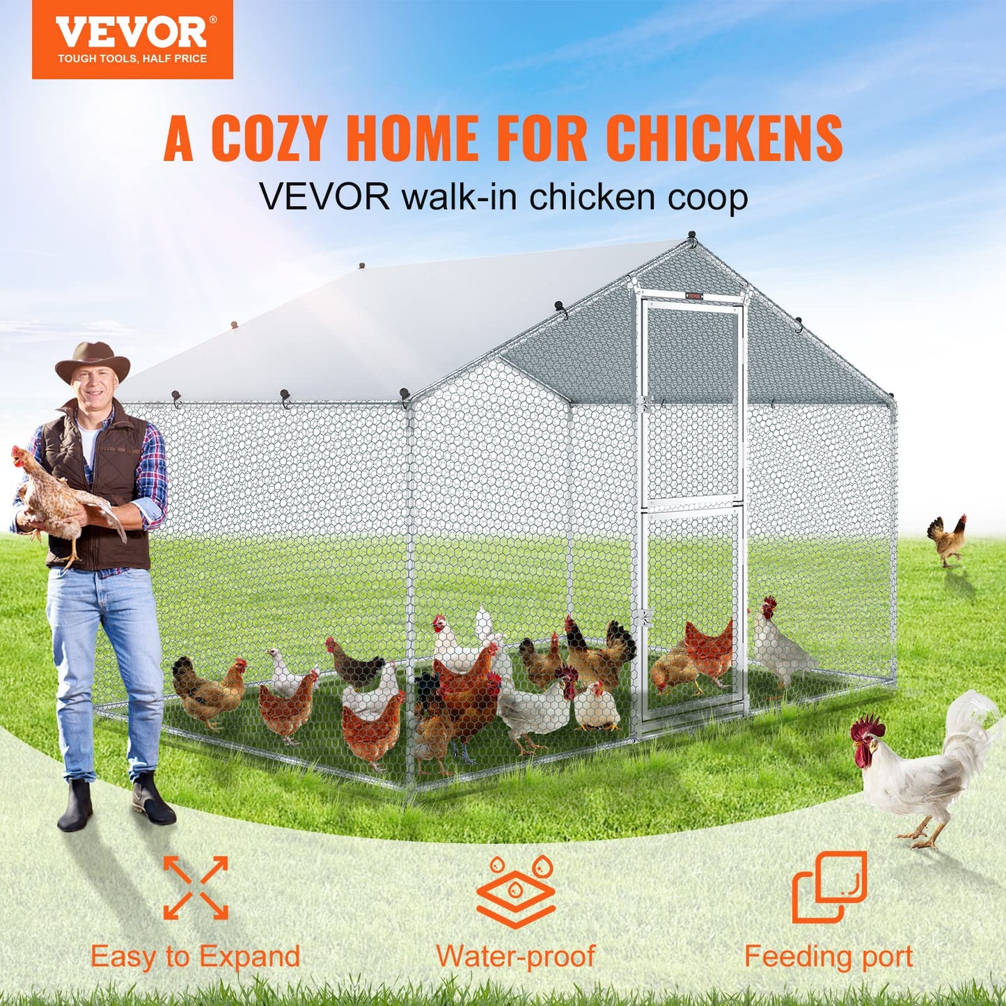 VEVOR Large Metal Chicken Coop with Run, Walkin Poultry Cage for Yard with Waterproof Cover, 6.6 x 9.8 x 6.6 ft Peaked Roof for Hen House, Duck and