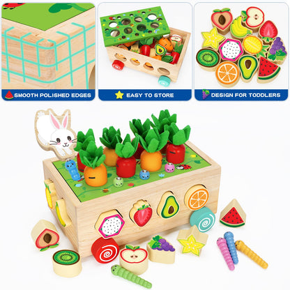 Wooden Montessori Toys for 1 2 3 Year Old Baby Girls Boys, Wood Shape Sorter Toys Gifts for Toddlers Learning Fine Motor Skills, Carrot Harvest Game