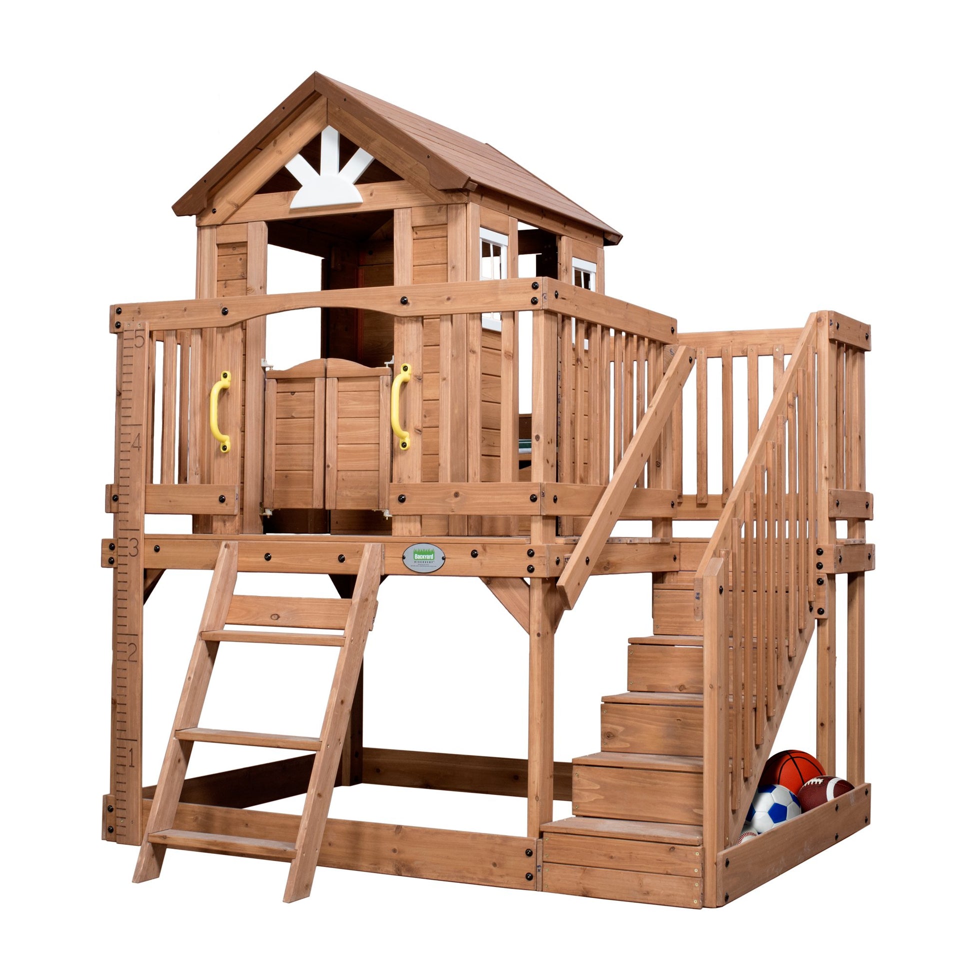 Backyard Discovery Scenic Heights All Cedar Wooden Playhouse, Upper Deck Cottage Style, Saloon Style Doors, Ladder, Stairs, Play Sink, Storage Toy - WoodArtSupply