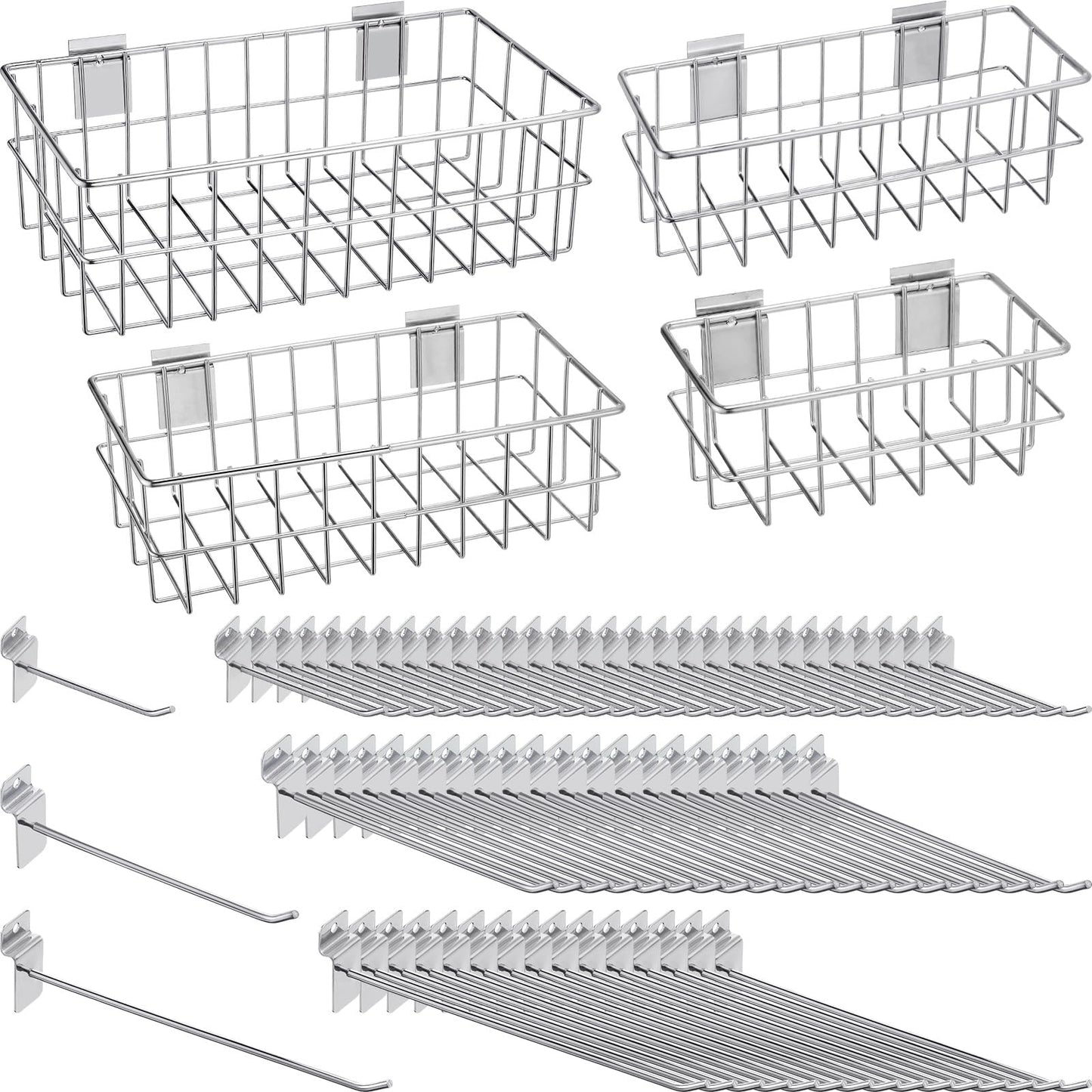 Yaocom 94 Pcs Slatwall Accessory 4 Metal Slatwall Baskets 90 Slatwall Hooks 4'' 6'' 8'' Slat Wall Hooks Hanging Storage Baskets for Shops Rooms - WoodArtSupply