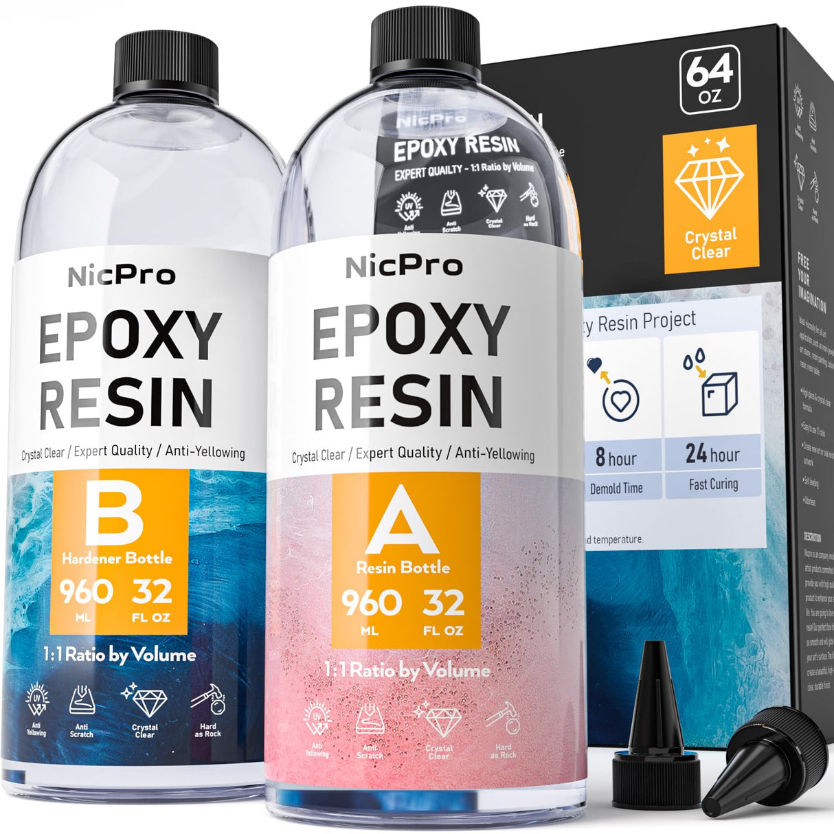 Nicpro 64 Ounce Crystal Clear Epoxy Resin Kit, Food Safe DIY Starter Epoxy Resin for Craft, Canvas Painting, Molds Pigment Jewelry Making, Resin Nicpro
