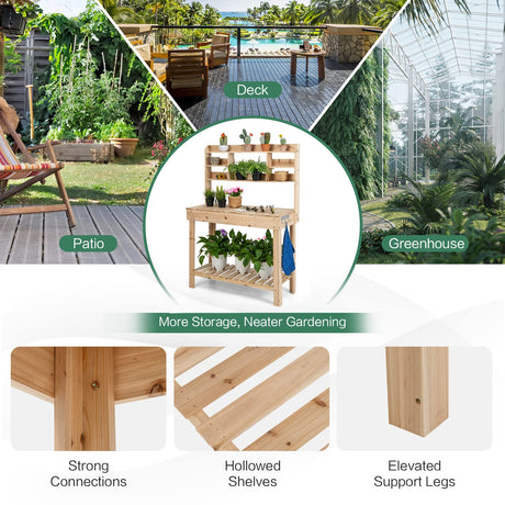 HAPPYGRILL Potting Bench Table, 60.5” Wood Workstation Workbench Table with Flip-Up Tabletop, Shelves & Hanging Hooks, Outdoor Flowerpot Bench, HAPPYGRILL