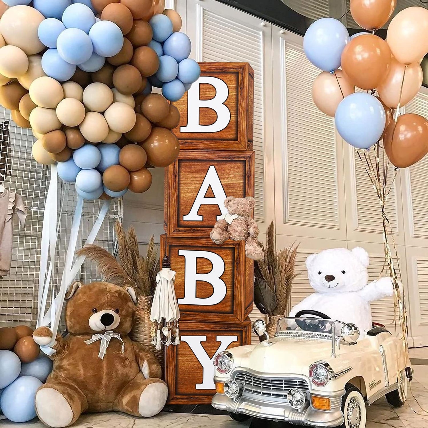 Baby Shower Boxes for Birthday Party Decorations - 4 Wood Grain Brown Blocks with BABY Letter, Printed Letters,First Birthday Centerpiece Decor, Frigg