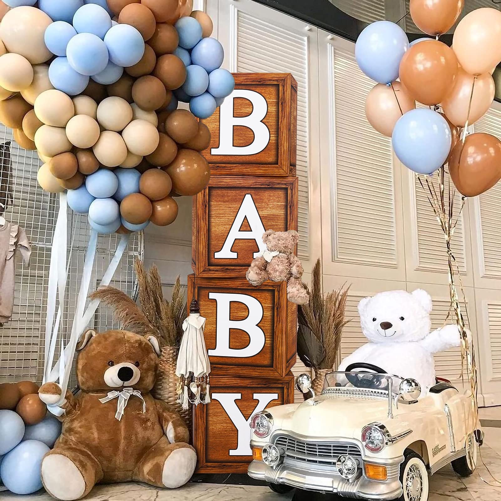 Baby Shower Boxes for Birthday Party Decorations - 4 Wood Grain Brown Blocks with BABY Letter, Printed Letters,First Birthday Centerpiece Decor, - WoodArtSupply