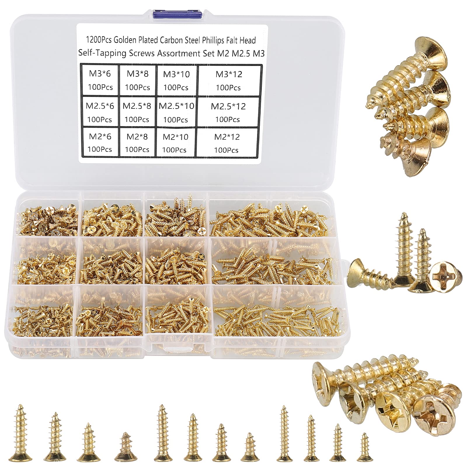 HanTof 1200Pcs Tiny Phillips Flat Head Self Tapping Screws for Wood, Plastic and Soft Metal. M2 M2.5 M3 Small Countersunk Tapper Screws Set for DIY - WoodArtSupply