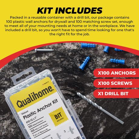Qualihome Ribbed Plastic Drywall Anchor Kit - Wall Anchors and Screws for Drywall Includes Anchors, & Screws, 1 Masonry Drill Bit - Mounting Tolls Qualihome