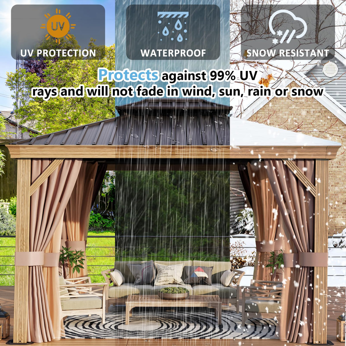 Aoxun 10' x 12' Gazebo, Wooden Finish Coated Aluminum Frame Canopy with Dual-Layer Galvanized Steel Hardtop Top, Outdoor Metal Pavilion with Privacy Aoxun