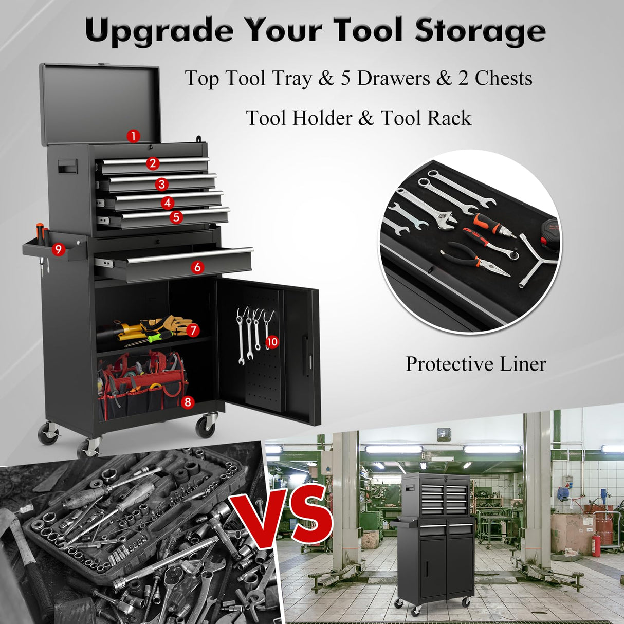 Goplus 5-Drawer Rolling Tool Chest, Tool Storage Box, Removable Tool Cabinet, Sliding Metal Organizer w/Lockable Drawers (Classic Black) Goplus