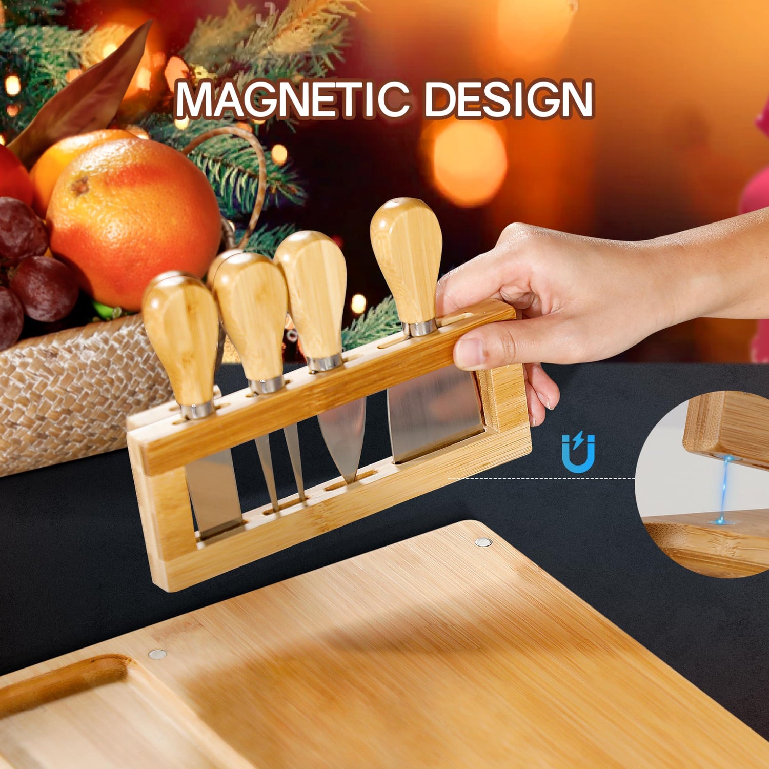 Easoger Cheese Board and Knife Set - Extra Large Charcuterie Boards with Magnetic Knife Holder, Cheese Platter Gift for Christmas, House Warming, Easoger