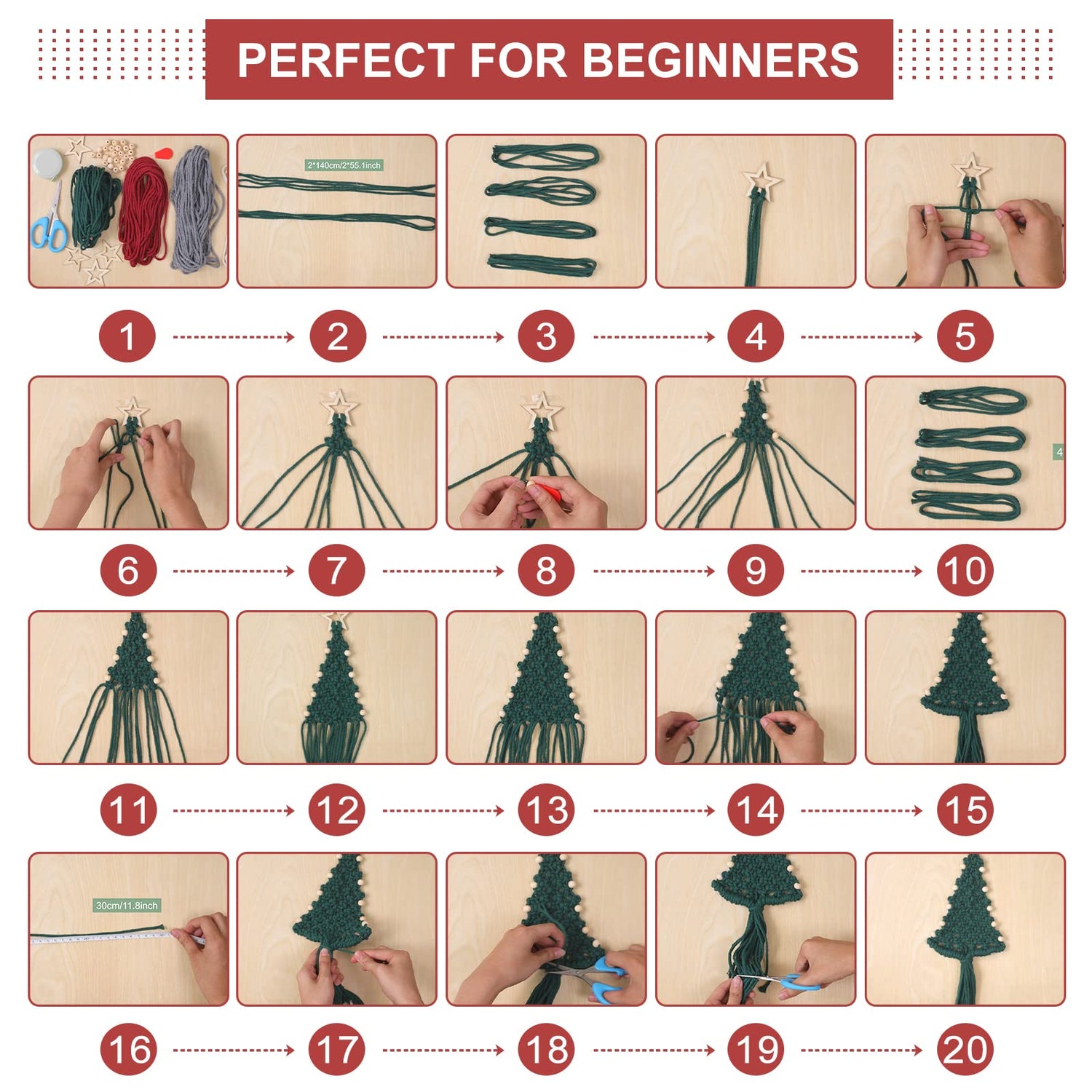 FREEBLOSS 4 Set Christmas Tree Macrame DIY Kit for Beginners Christmas Tree Hanging Ornaments for Holiday Wall Hanging, Come with Step by Step FREEBLOSS