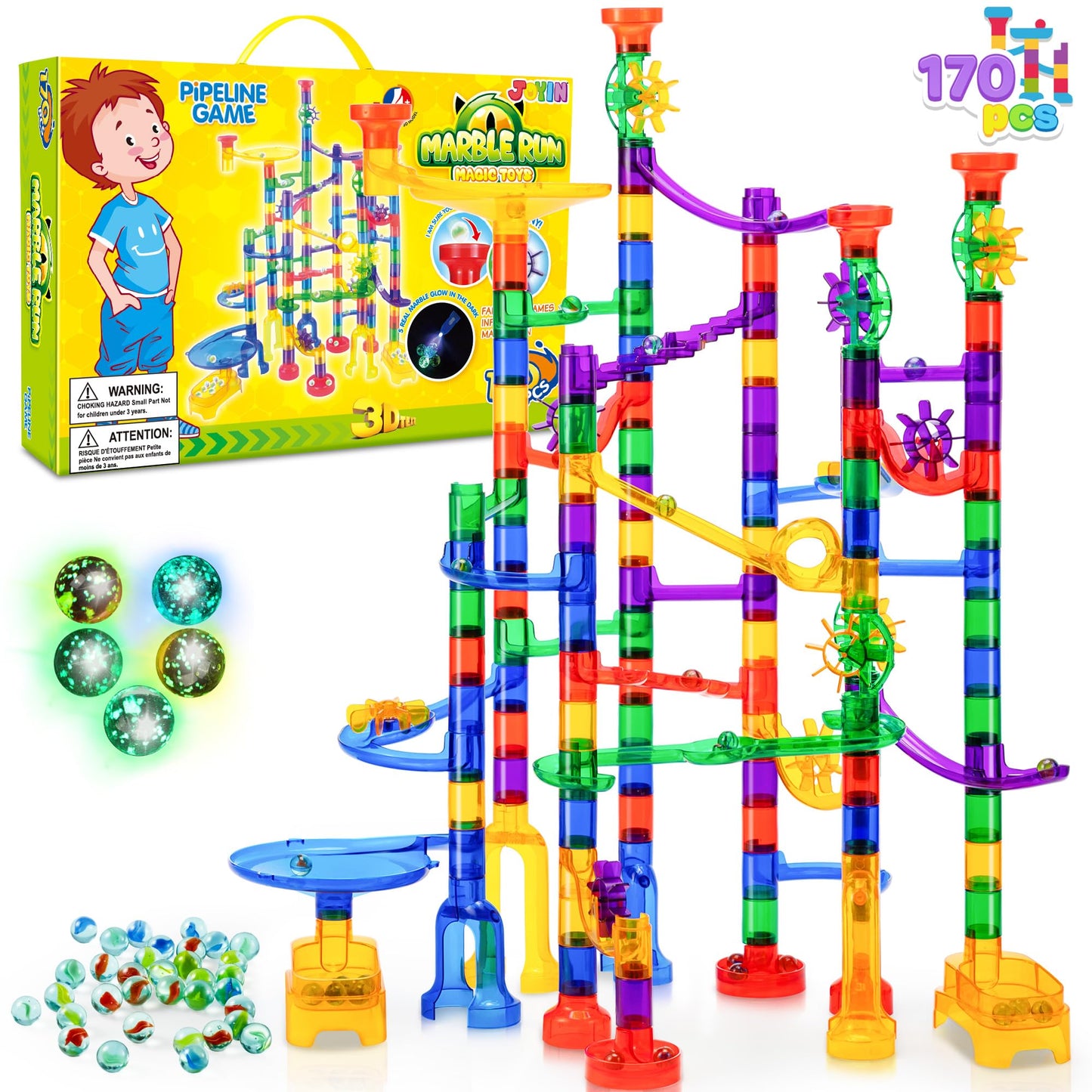JOYIN 170Pcs Marble Run Premium Toy Set, Construction Building Blocks Toys, STEM Educational Building Block Toy(120 Plastic Pieces + 50 Glass