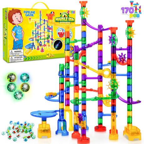 JOYIN 170Pcs Marble Run Premium Toy Set, Construction Building Blocks Toys, STEM Educational Building Block Toy(120 Plastic Pieces + 50 Glass JOYIN