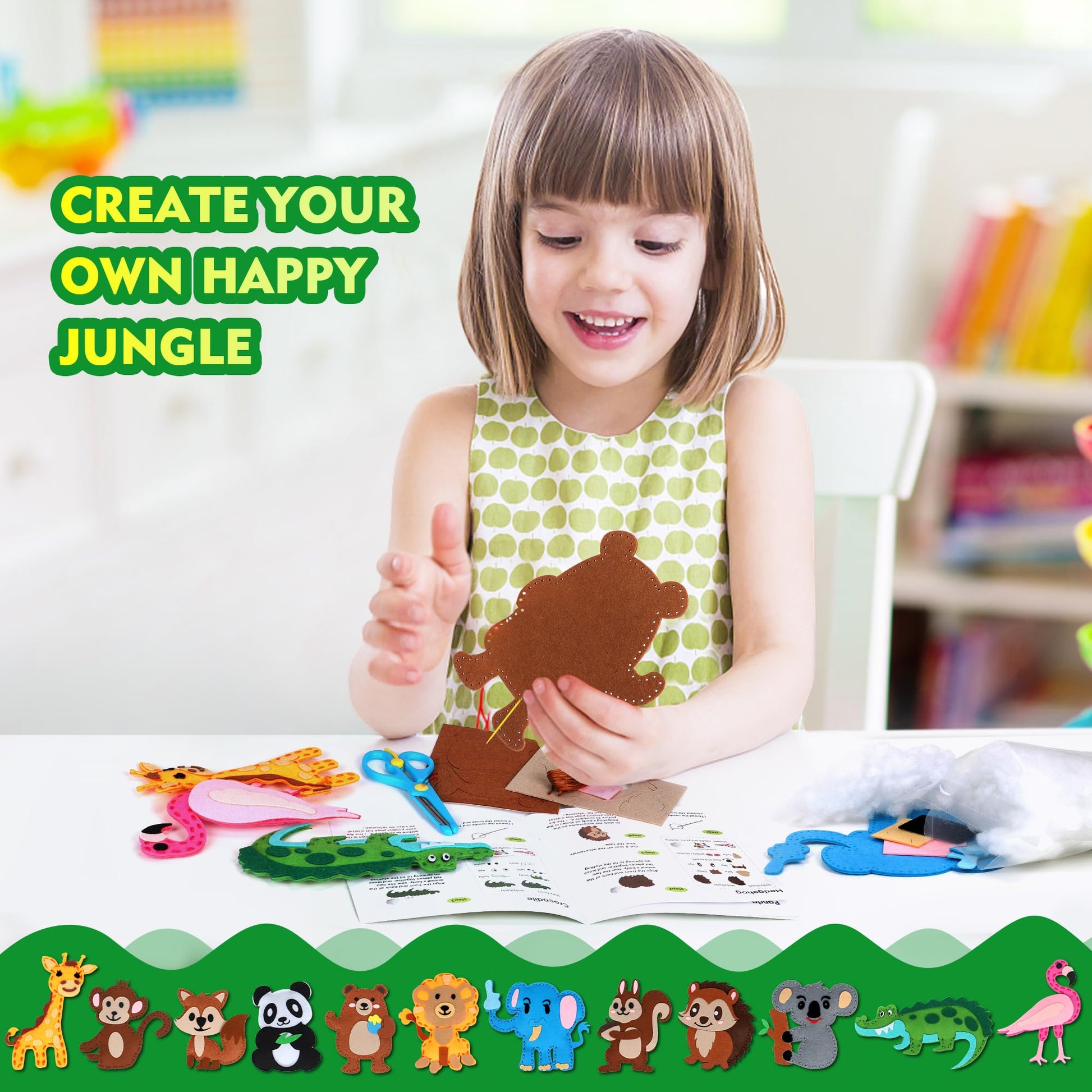 YEETIN Sewing Kit for Kids Ages 6+, Beginner Felt Sewing Craft Kit, DIY Jungle Stuffed Animals Making Set, Art Projects for Girls Toys, Learn to Sew - WoodArtSupply