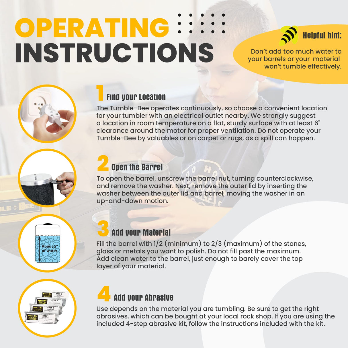 Tumble-Bee Rotary Rock Tumbler with Rock Grit Polish Kit - Rock Polisher Machine, Tumbling Equipment for Stone, Glass, and Metal Collection, Tumble-Bee