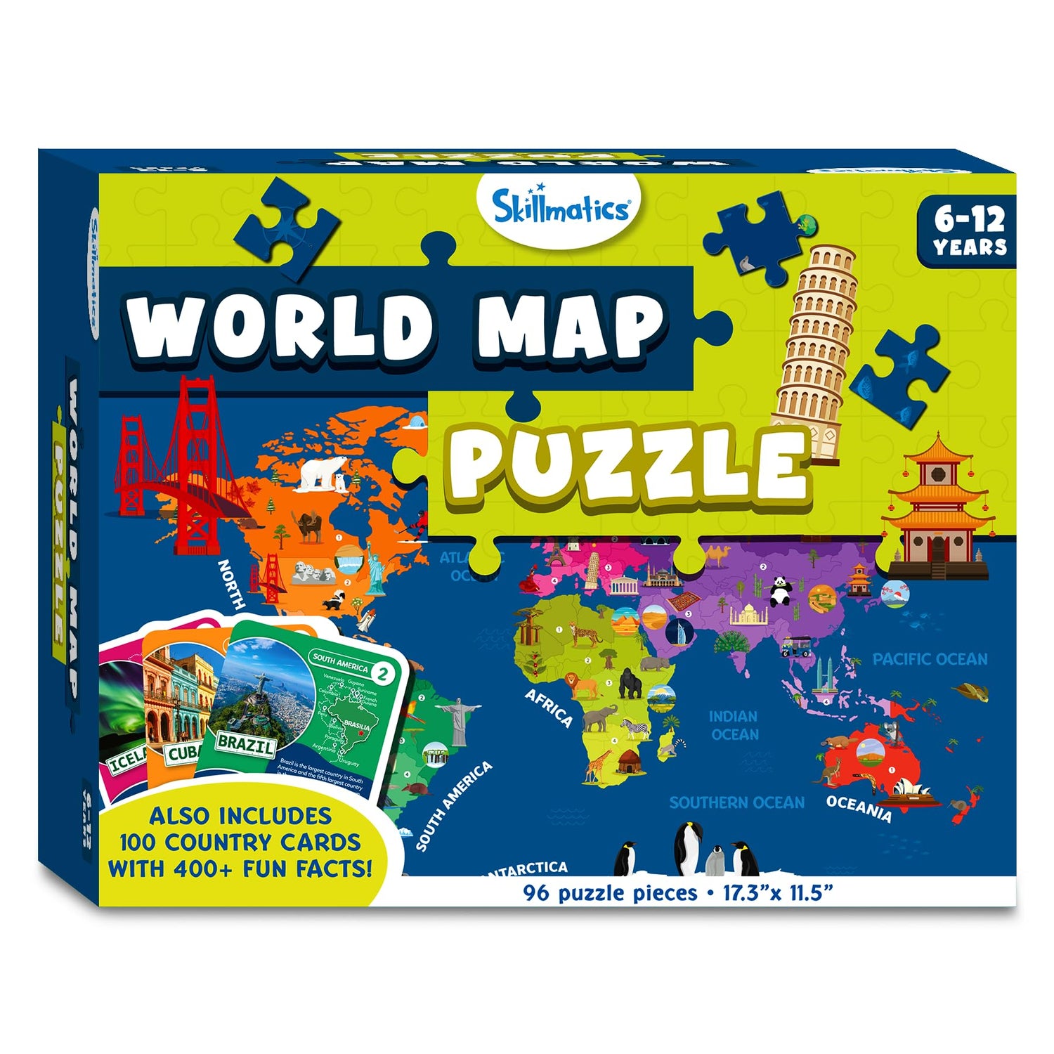Skillmatics World Map Puzzle - 96 Piece Jigsaw Puzzle, Educational Toy, Geography for Kids, 400+ Facts, Gifts for Boys & Girls Ages 6 to 12 Skillmatics